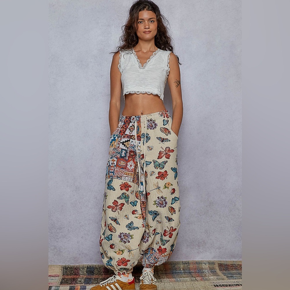 POL Cream Boho Butterfly Print Harem Pants - Picture 3 of 4